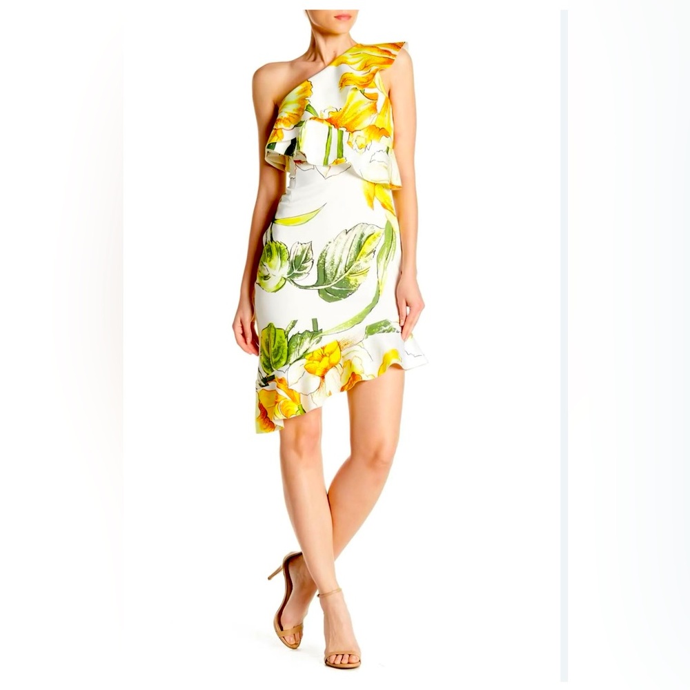 NWT 🆕#141-Alexia Admor Floral One Shoulder Ruffle Dress, White Multi, Size 6